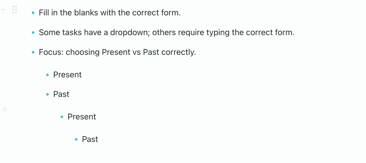 All three list types side by side: ordered, unordered, and checklist