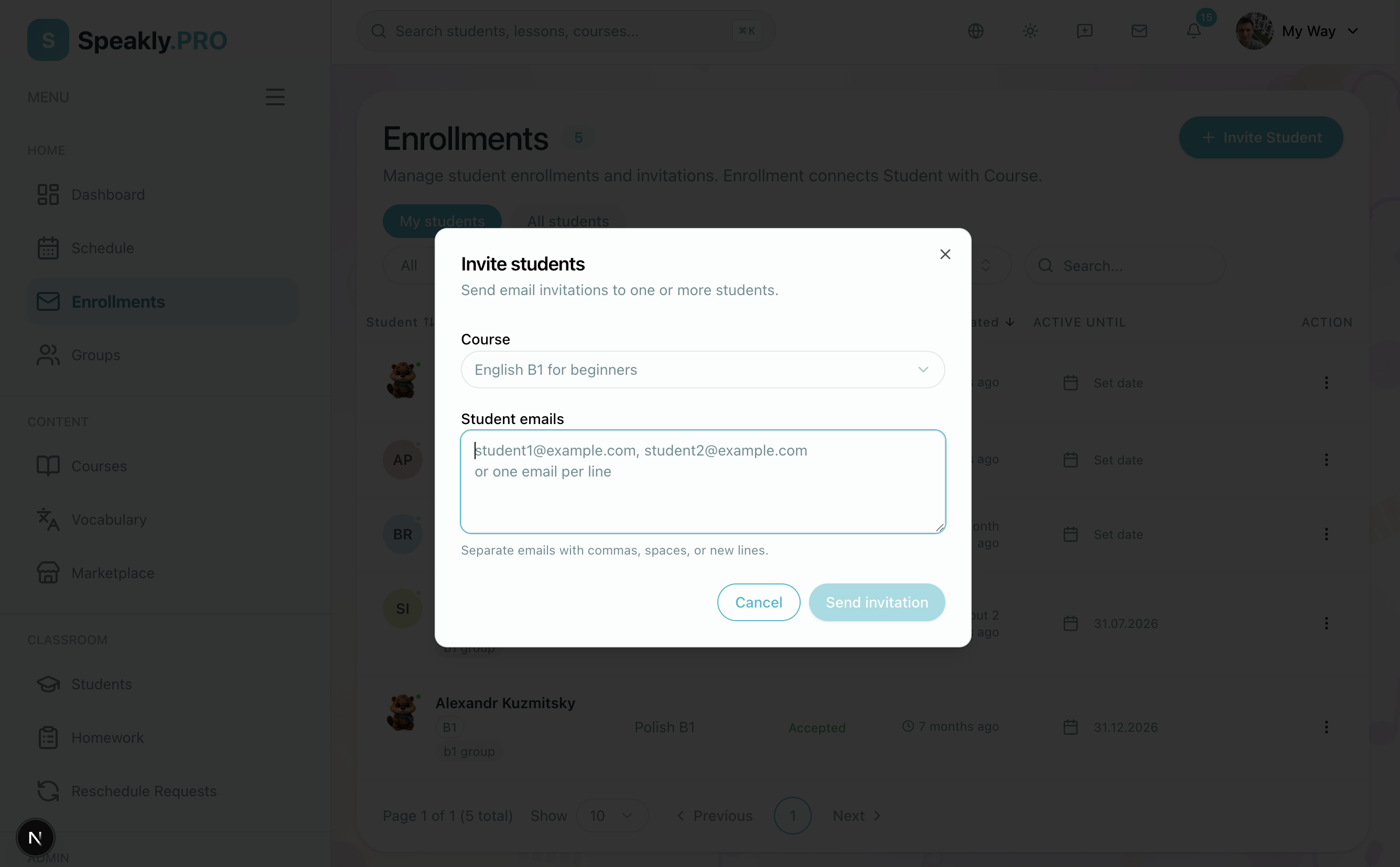 Batch invite dialog with multiple email badges and validation