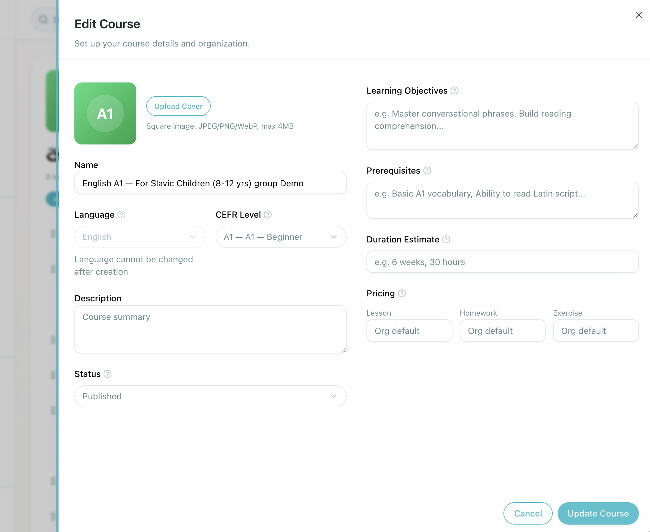 Course creation form with name, language, CEFR level, and description fields