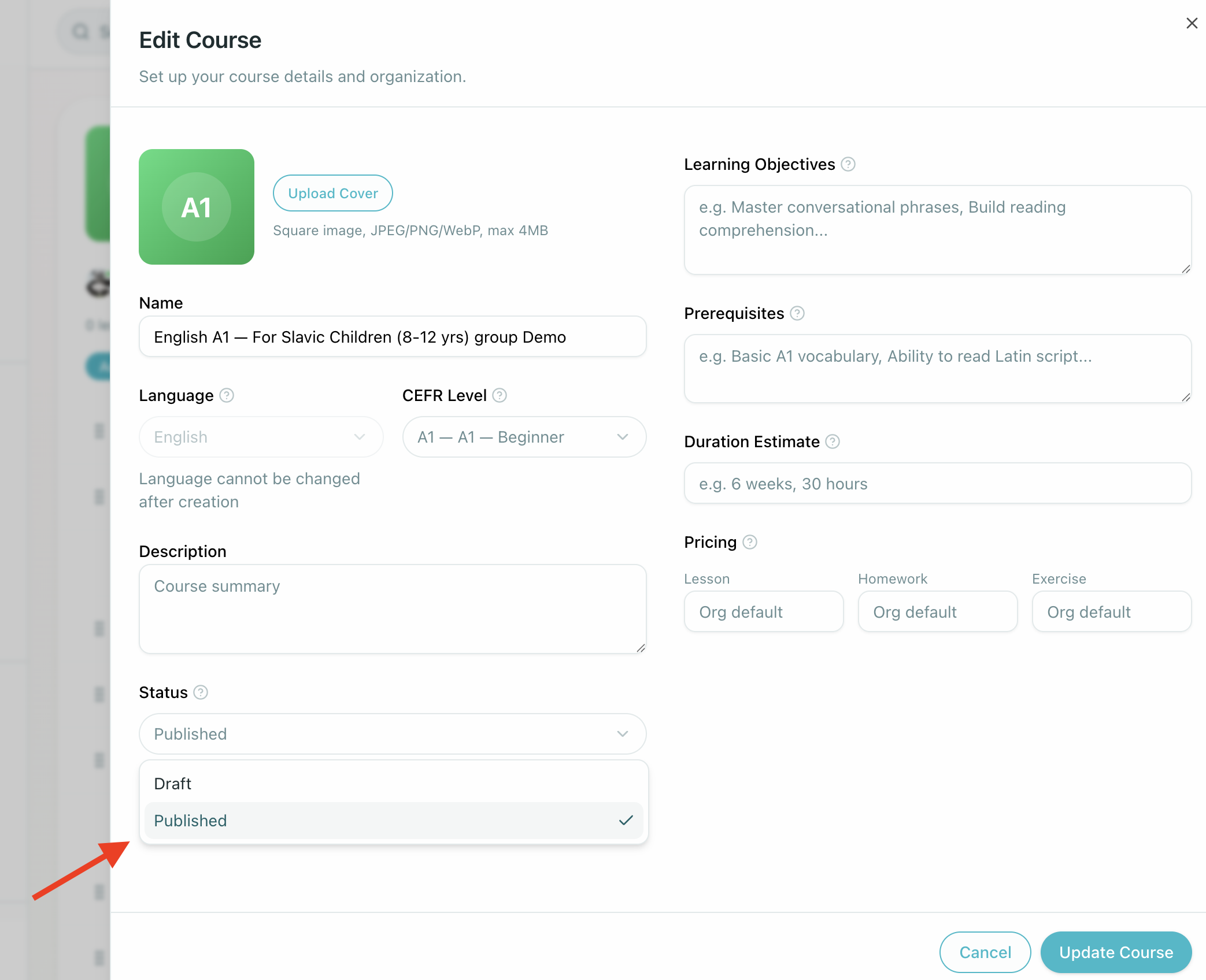 Course status settings