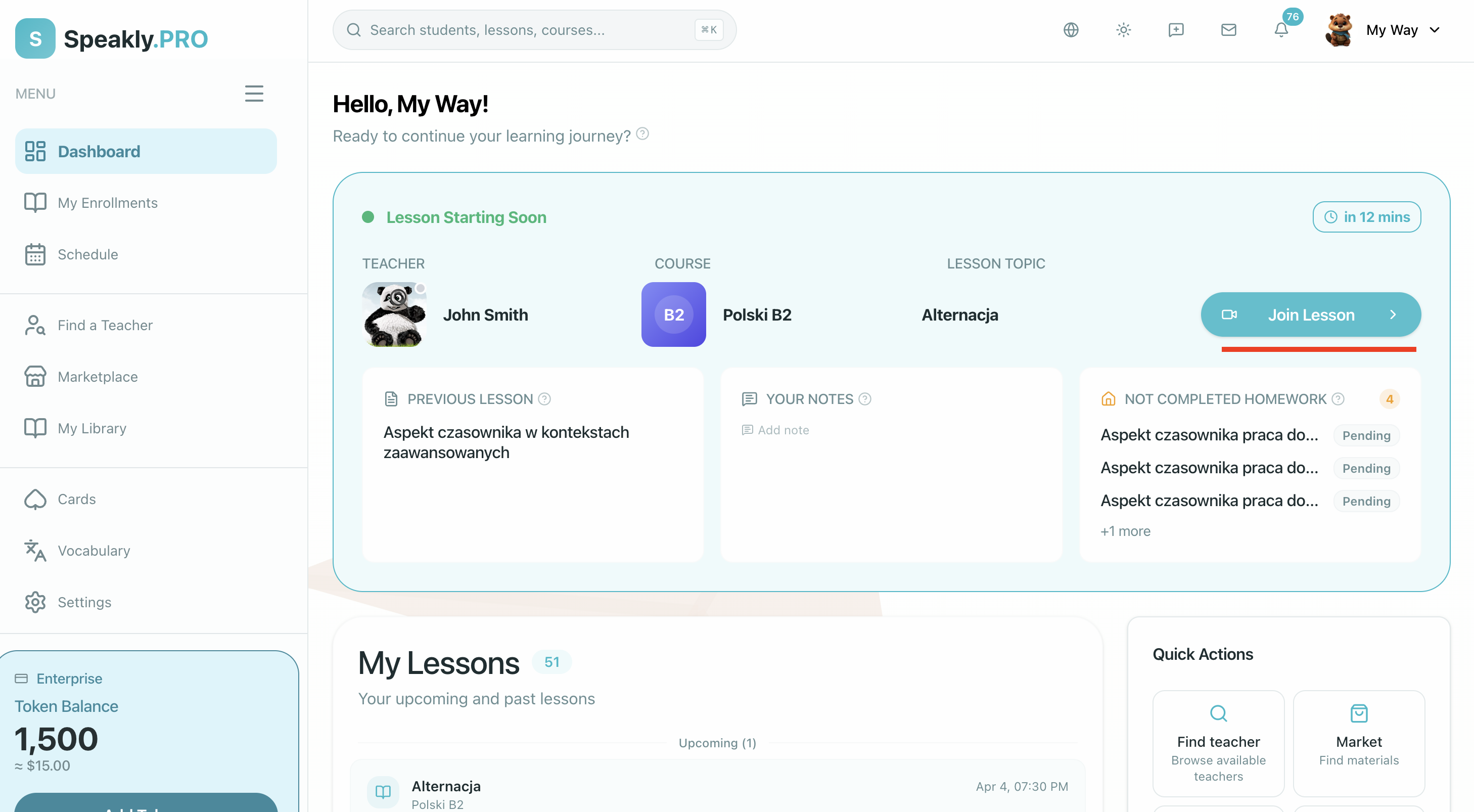 Dashboard with Continue Learning card highlighted