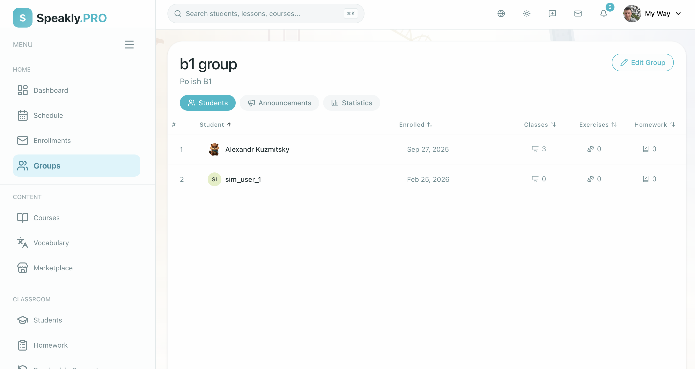 Group detail page showing the Students tab with member list