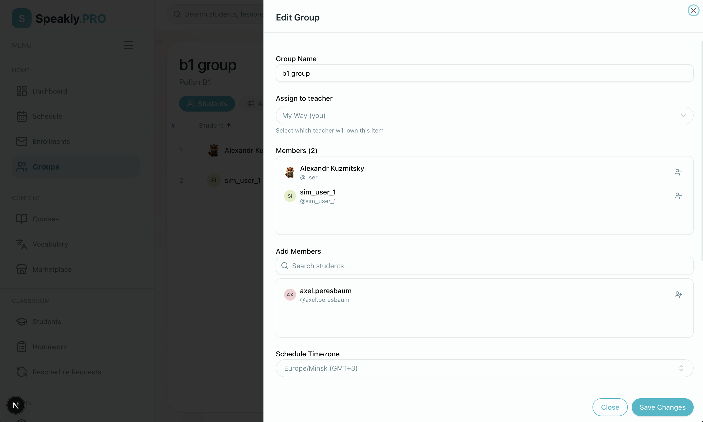 Groups page showing all organization groups with teacher assignments