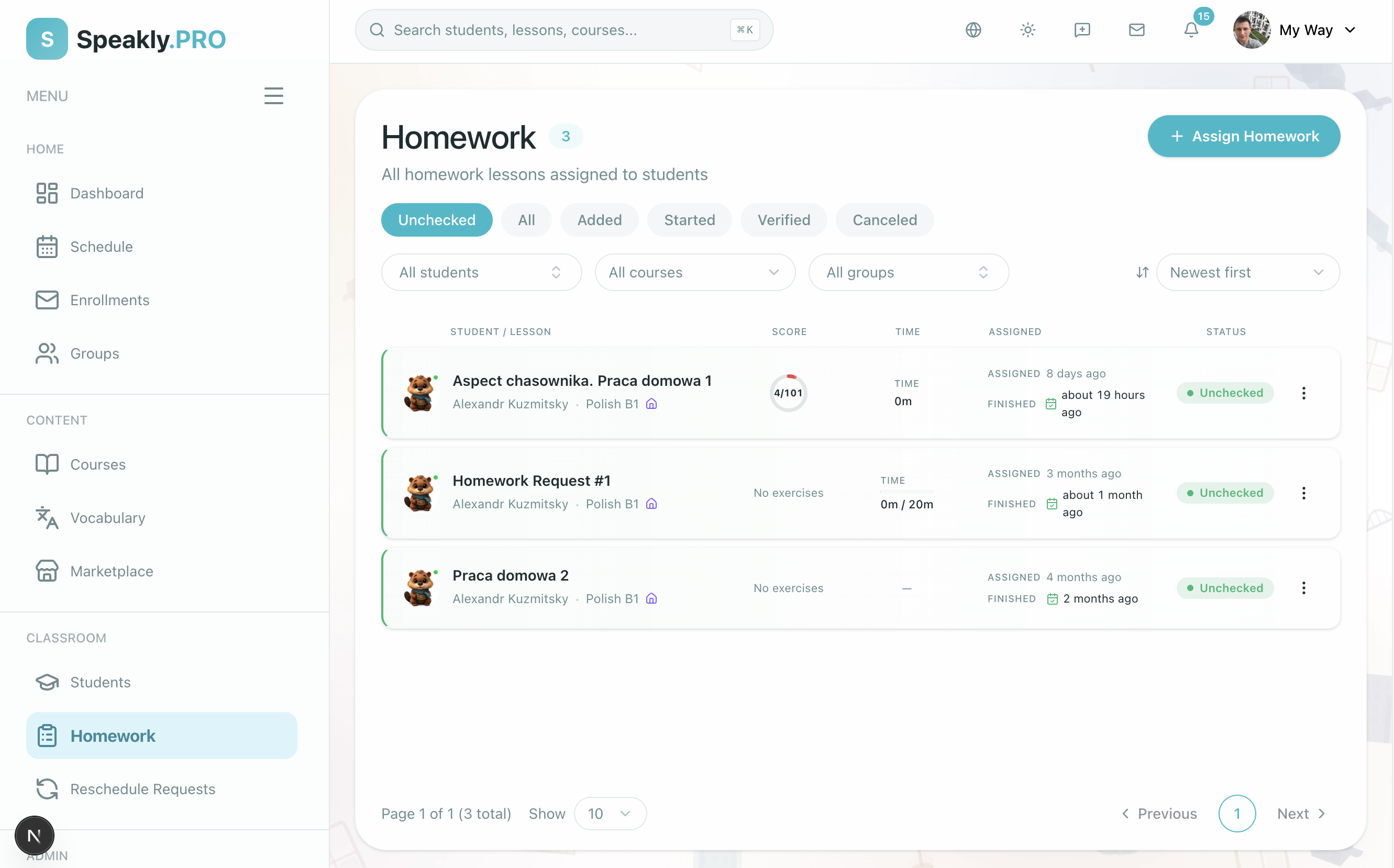 Homework page showing assigned homework