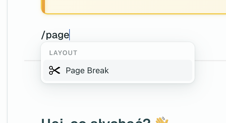 Inserting a page break using the slash command menu in the editor