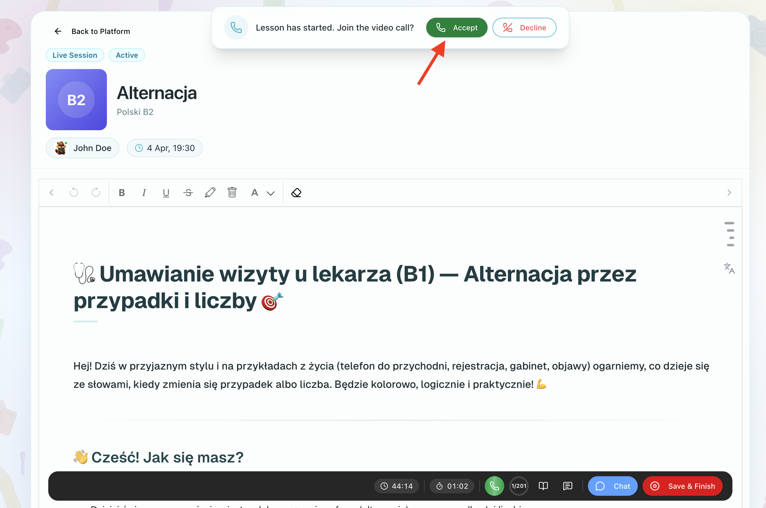 Lesson content with various media types