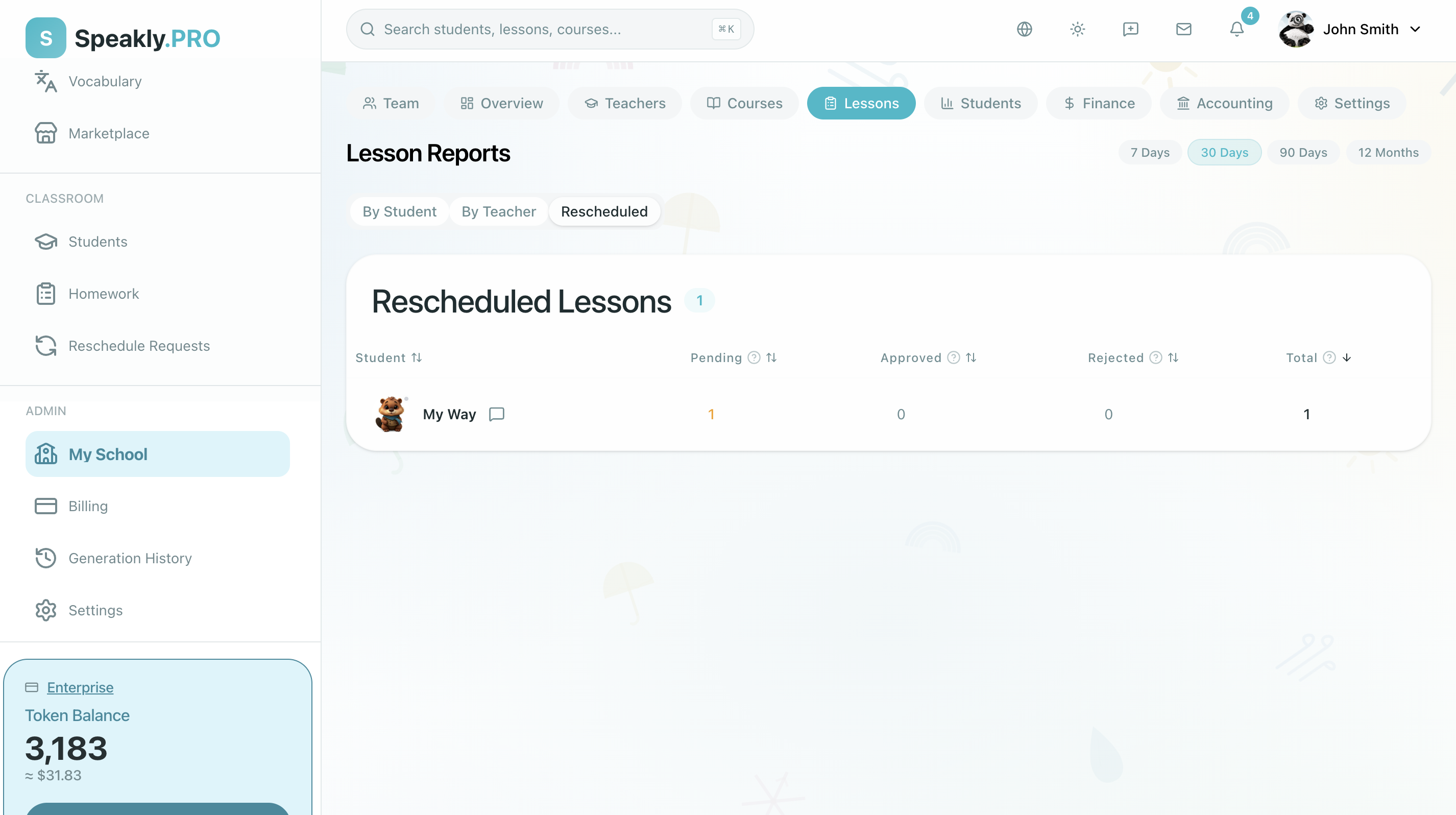 Lesson reports page with tabs for by-student, by-teacher, and rescheduled views.