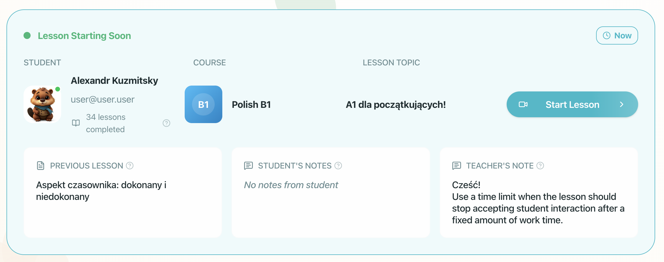 Lesson Starting Soon banner with teacher assignment note