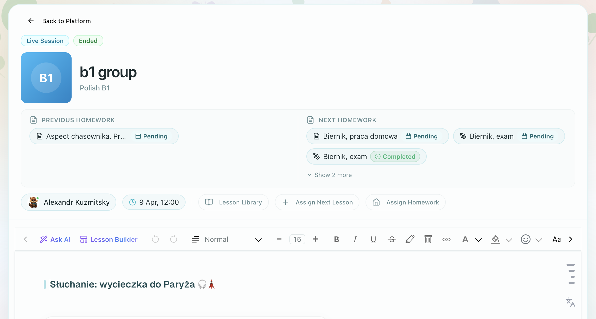 Live session header with Previous Homework and Next Homework columns