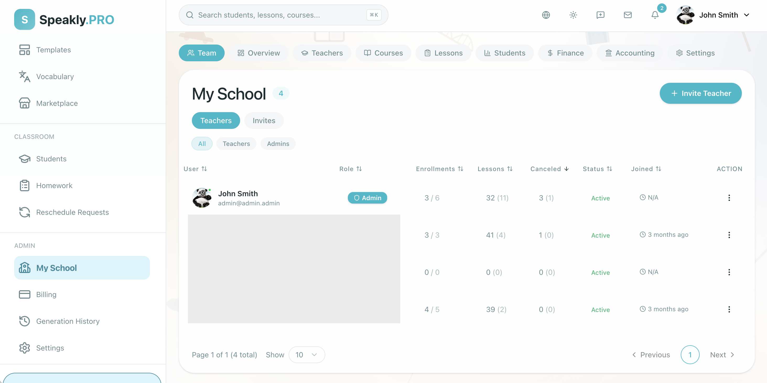My School Team page — Teachers tab with member list