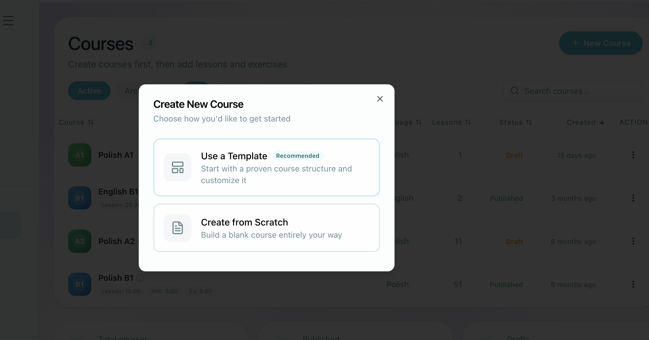 New course choice dialog — From Existing Course or From Scratch