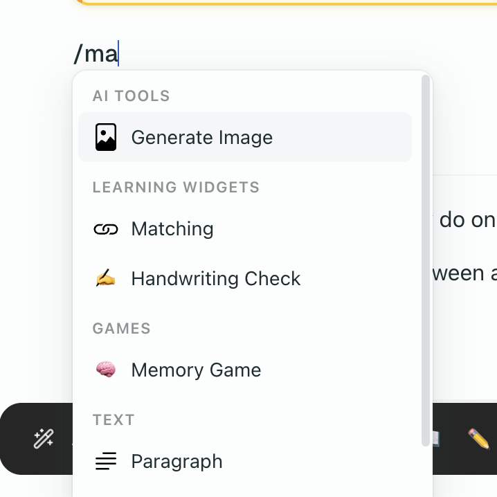 Slash command menu showing available block types