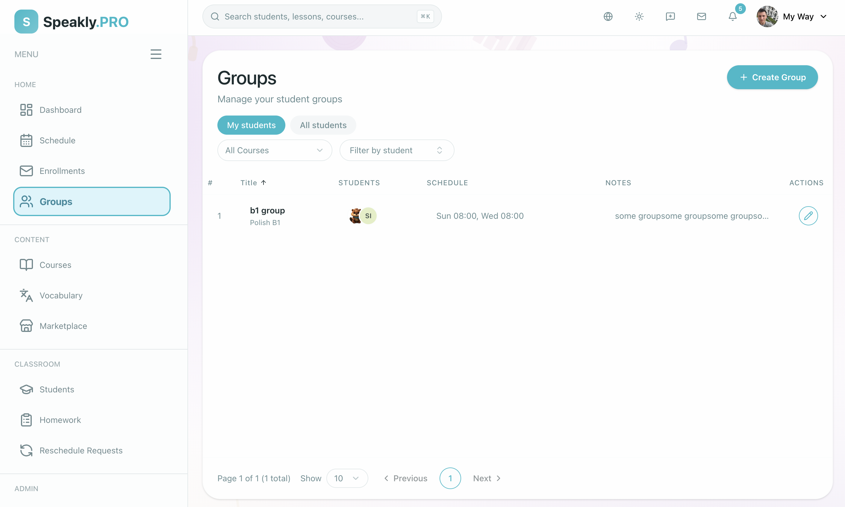 Student groups list showing active groups with member counts