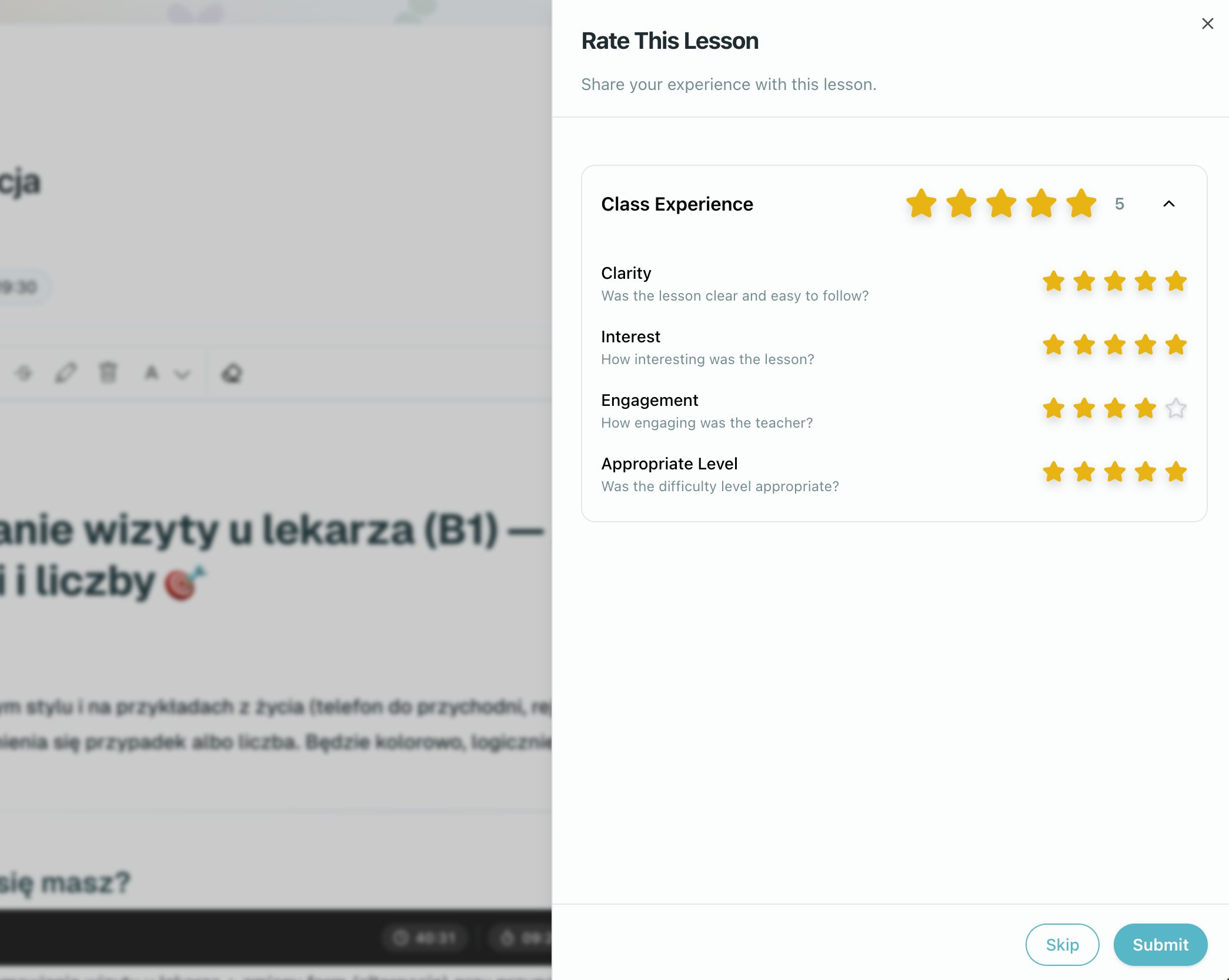 Student leaves feedback about lesson