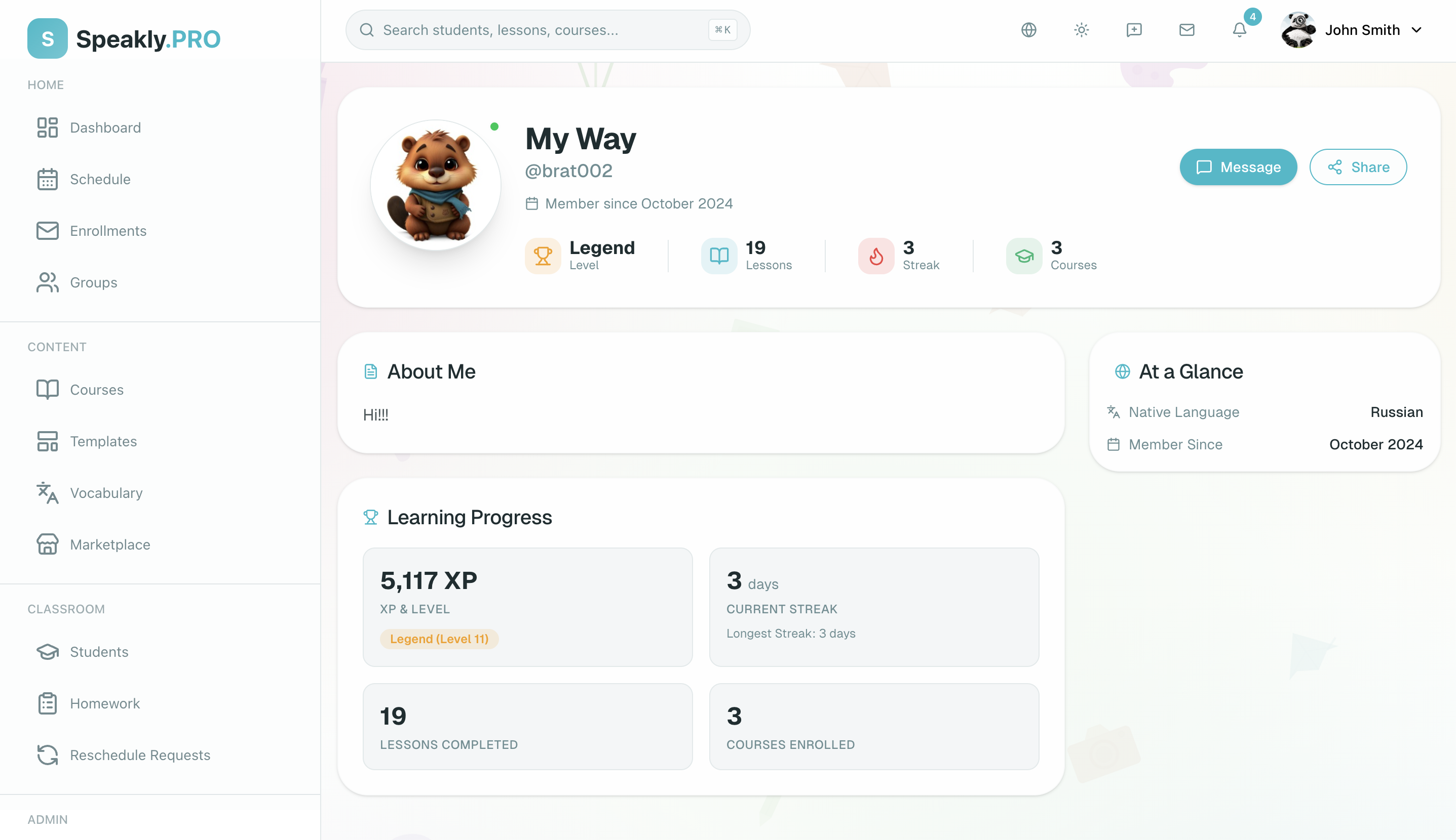 Student public profile with stats and bio