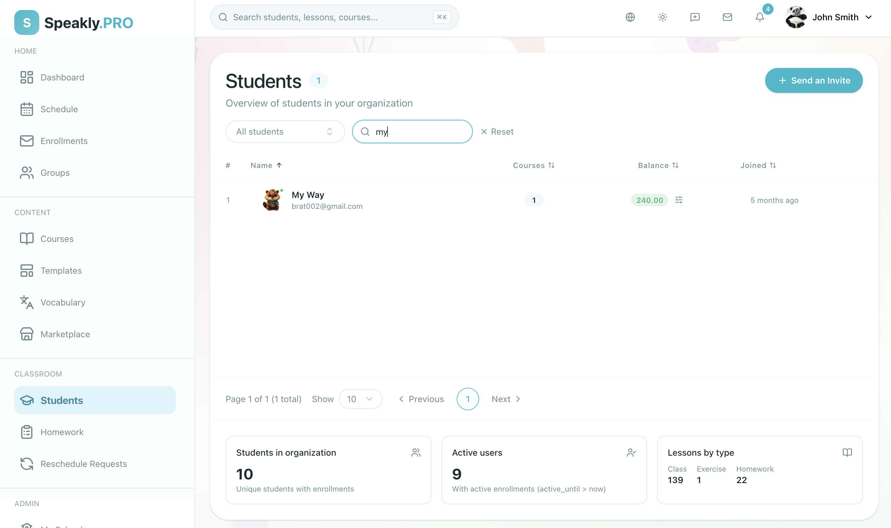 Students page with student list and statistics