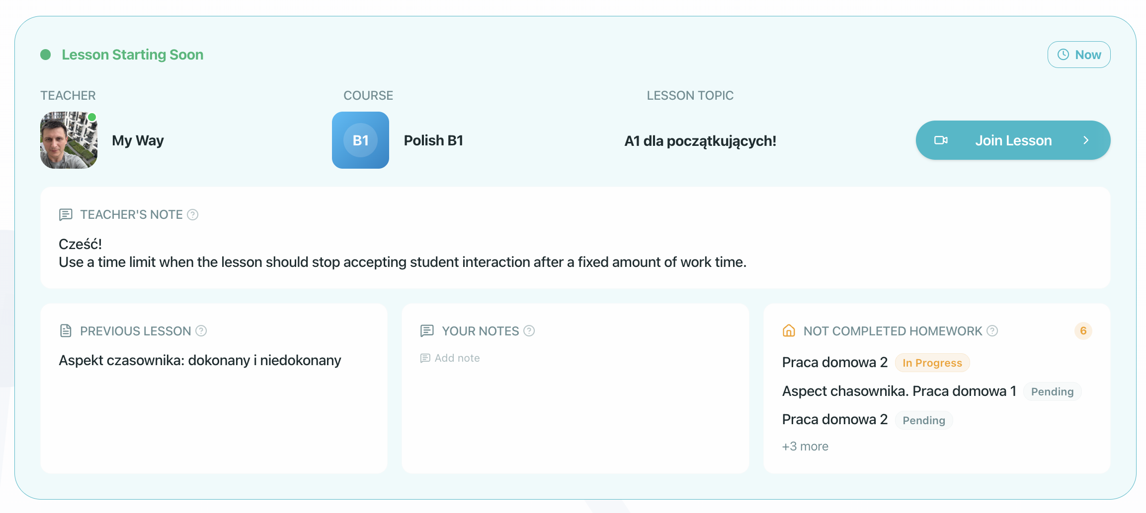 Teacher assignment note on the Lesson Starting Soon banner