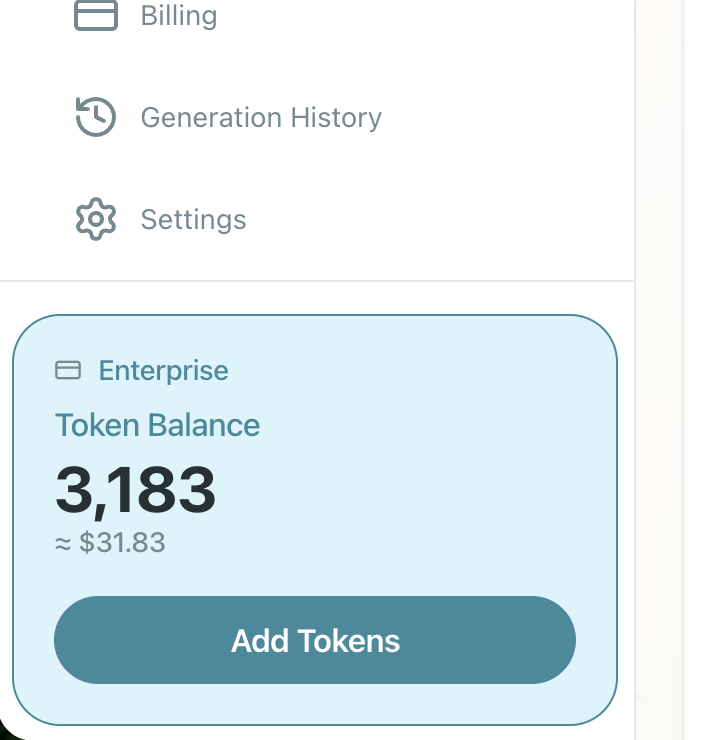 Token balance in sidebar footer showing plan, balance, and Add Tokens button
